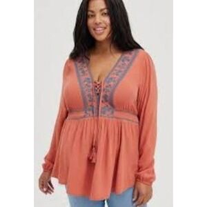 Torrid Womens 3X Babydoll Blouse Rust Orange Embroidered Boho Tassel V-Neck Top